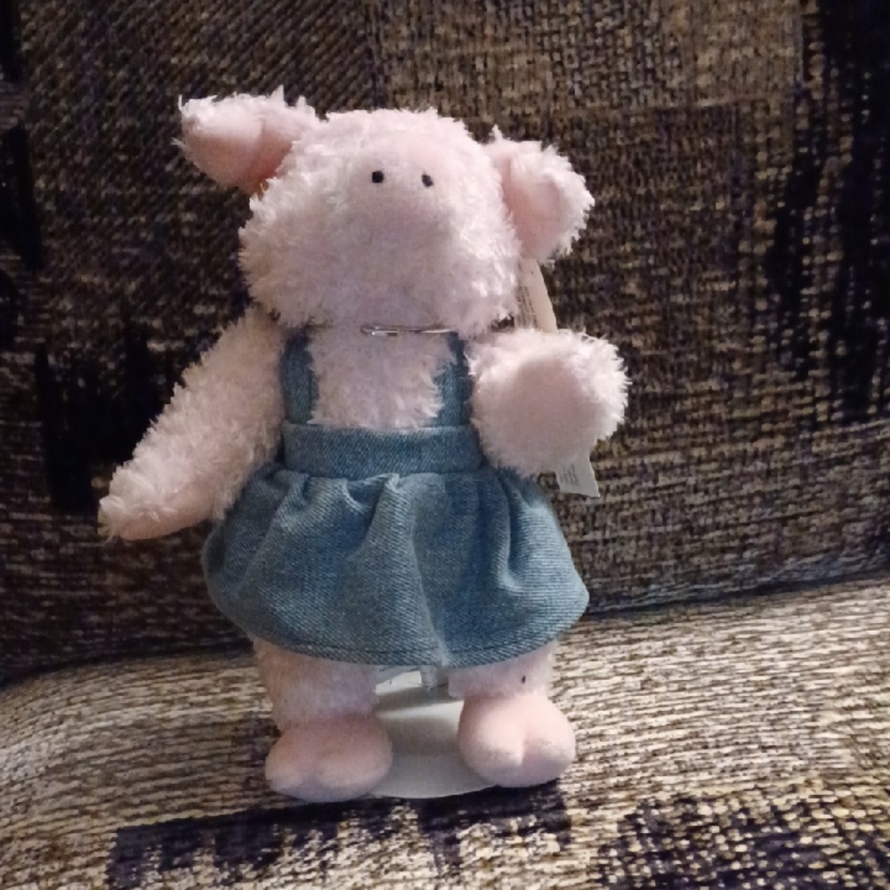 4/$80 Pink Plush Pig in Blue Denim Dress - Stand